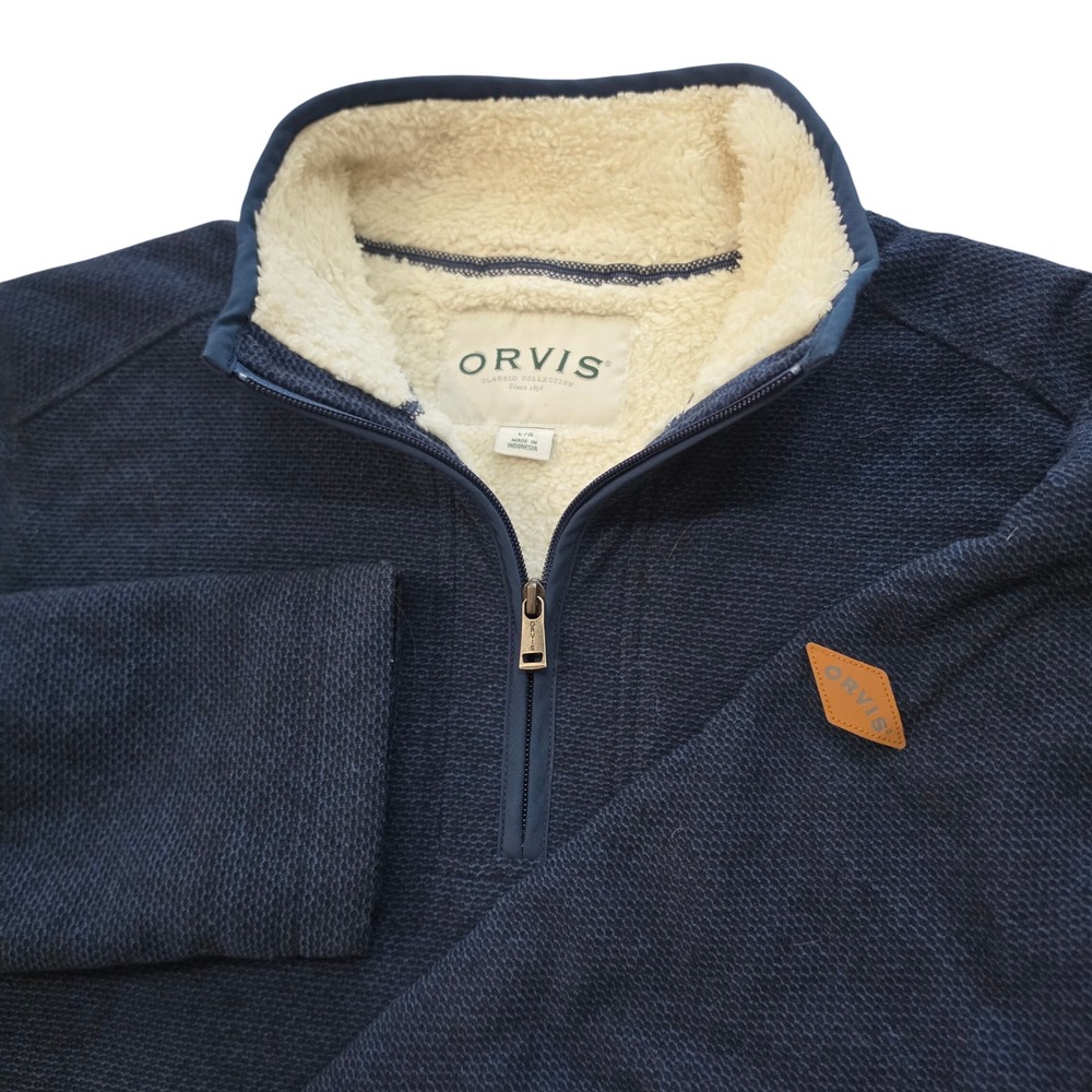 Orvis Mens Navy Blue Sherpa Lined Quarter Zip Textured Knit Pullover Sweater L